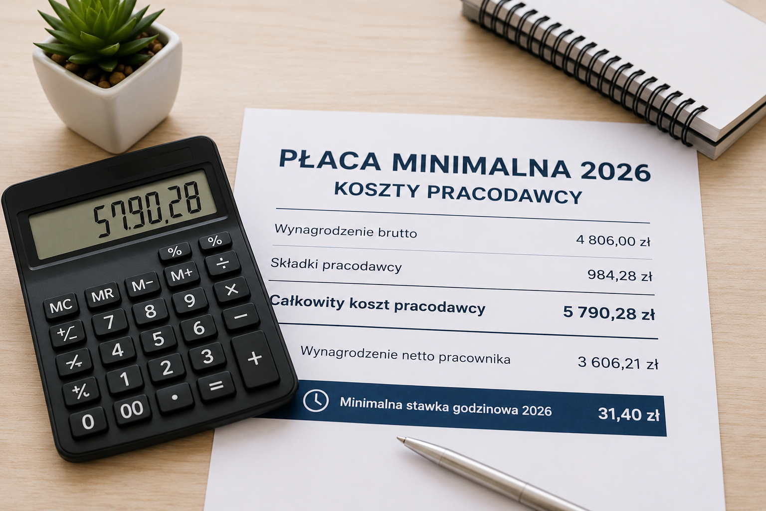 Płaca minimalna i najniższa stawka godzinowa w 2026 – całkowite koszty pracodawcy